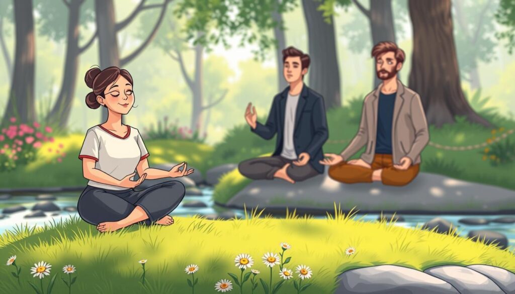 A serene and tranquil scene depicting mindfulness, showcasing a diverse group of individuals practicing meditation in a peaceful outdoor setting. In the foreground, a woman in modest casual attire sits cross-legged on a lush green grass patch, her hands resting on her knees with a focused expression. In the middle, two men engaging in mindful breathing, one wearing business casual and the other in comfortable clothing, are surrounded by soft, colorful wildflowers. The background features a gentle flowing stream and tall trees, dappled sunlight filtering through the leaves. The atmosphere is calm and uplifting, inviting a sense of emotional growth and connection. Use natural lighting to emphasize warmth, with a shallow depth of field to bring focus to the individuals. --ar 16:9 --v 5 --q 2 --style 4b --nextself.ai A serene and tranquil scene depicting mindfulness, showcasing a diverse group of individuals practicing meditation in a peaceful outdoor setting. In the foreground, a woman in modest casual attire sits cross-legged on a lush green grass patch, her hands resting on her knees with a focused expression. In the middle, two men engaging in mindful breathing, one wearing business casual and the other in comfortable clothing, are surrounded by soft, colorful wildflowers. The background features a gentle flowing stream and tall trees, dappled sunlight filtering through the leaves. The atmosphere is calm and uplifting, inviting a sense of emotional growth and connection. Use natural lighting to emphasize warmth, with a shallow depth of field to bring focus to the individuals. --ar 16:9 --v 5 --q 2 --style 4b --nextself.ai