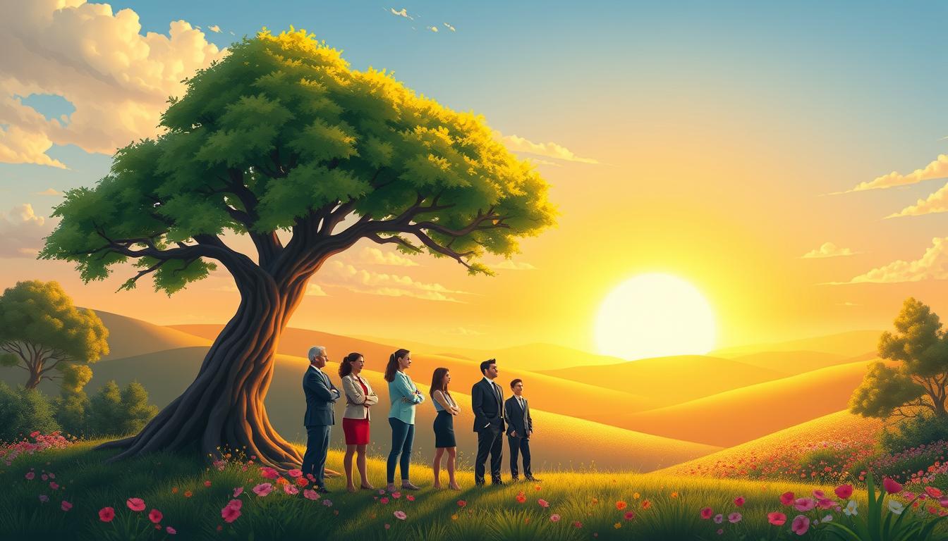 A calm landscape with a vibrant tree symbolising strength and emotional growth